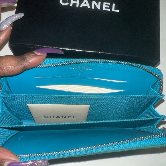 Chanel Quilted Patent Leather Zip Around Wallet Turquoise - Picture 4 of 14